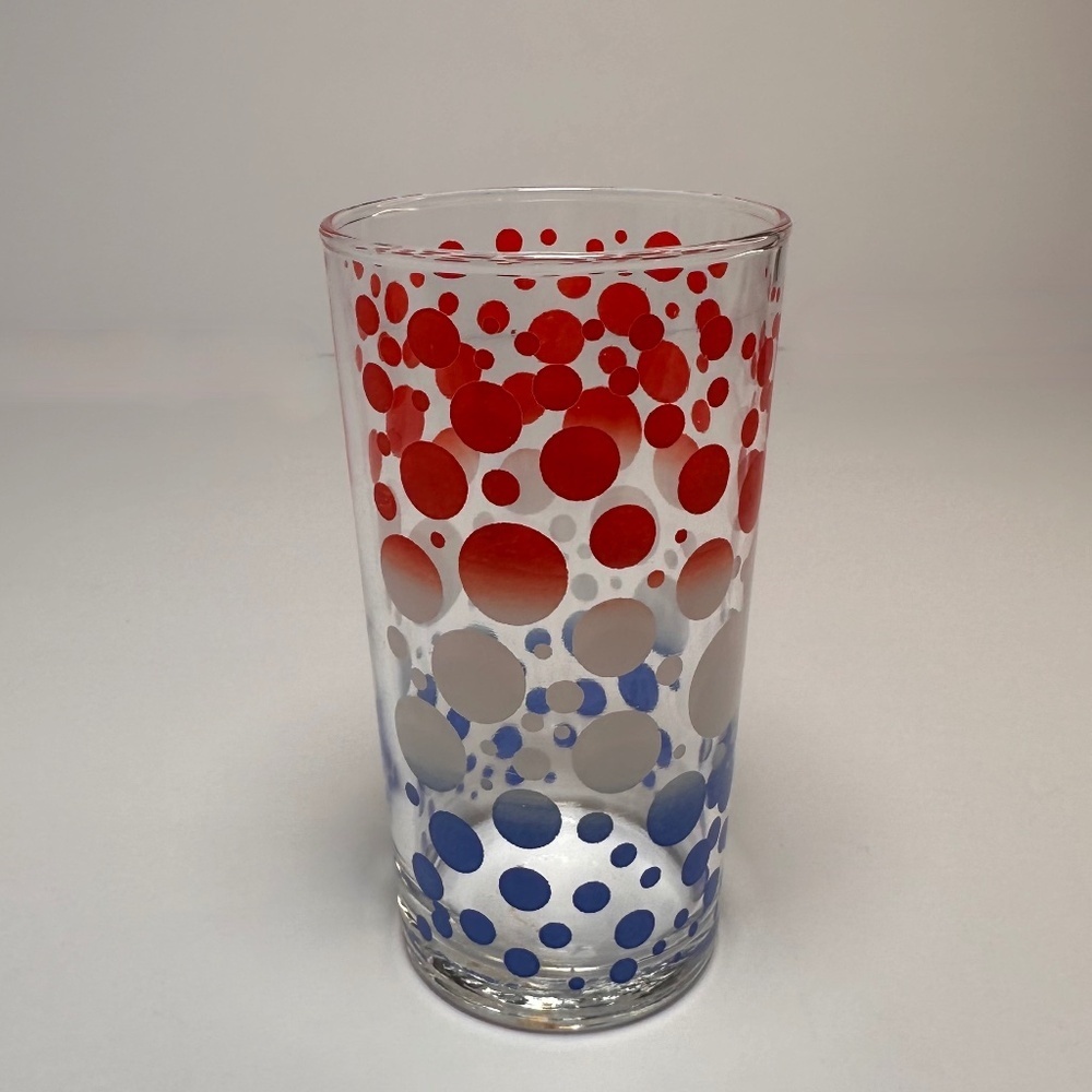Vintage Red White Blue Dot Glass Atomic Mid Century Modern Tumbler